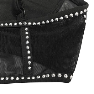 Close-up of black mesh fabric with sparkling rhinestones and adjustable metal strap hardware