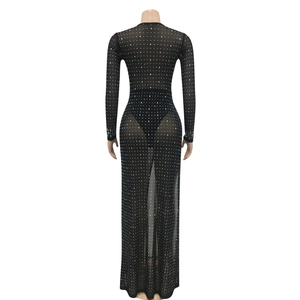 Back view of a long black mesh dress featuring silver rhinestones and a floor-length slit