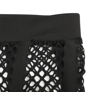 Detail of high-waist elastic band and geometric mesh hollow-out fabric in black