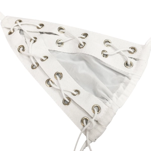Detailed view of the white mesh two-piece set featuring lace-up grommets and fabric texture
