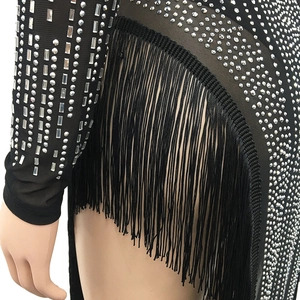 Detail of black mesh dress featuring shimmering silver rhinestones and long fringe accents