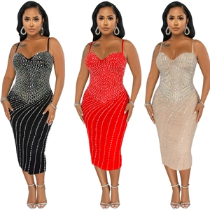 Slim fit rhinestone camisole midi dress shown in black, red, and beige color options
