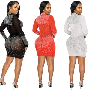 Sexy bodycon rhinestone mesh mini dress with high neck and long sleeves in three colors