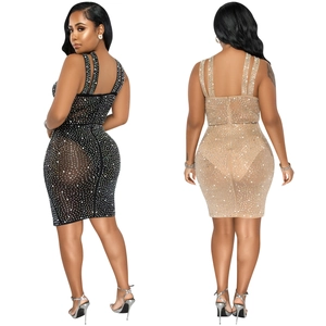 Sexy Mesh-Bodycon-Minikleid mit Strasssteinen und eckigem Ausschnitt für Partys