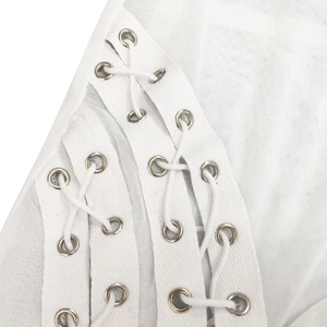 Detailed close-up of the white mesh set featuring criss-cross lace-up and silver eyelets