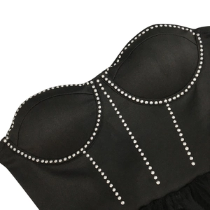 Close-up of black corset bodice with silver rhinestones and delicate mesh details