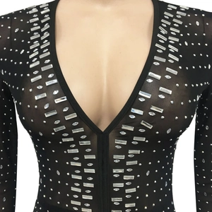 Detailed view of deep V-neckline with silver rhinestones on black mesh dress