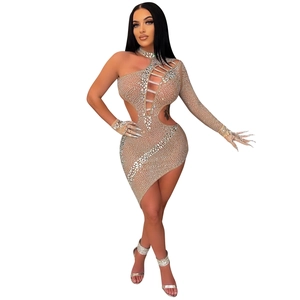 Sleek beige one-shoulder rhinestone cutout mini dress for parties and clubwear