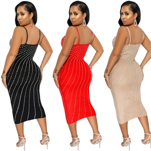 Sexy slim fit midi dress with rhinestones and spaghetti straps in black red and apricot