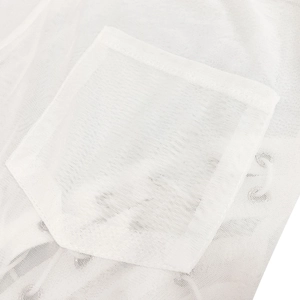 Detail of double-needle stitching on the white sheer mesh pocket and breathable fabric