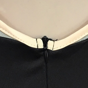 Close-up detail of mesh dress neckline with contrast piping and hidden zipper closure