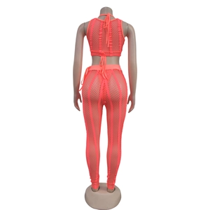 Rear view of coral mesh two-piece set featuring sheer halter top and leggings