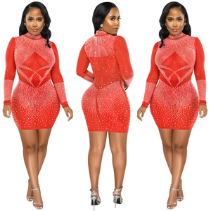 Front, side, and back view of a red bodycon mini dress with silver rhinestones