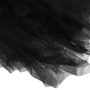 Detailed close-up of multilayered black tulle fabric with fine hexagonal mesh texture