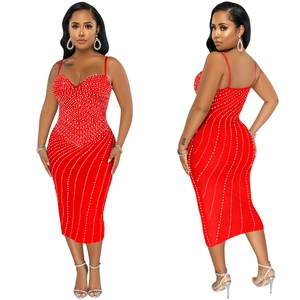 Front and back view of a sexy red bodycon dress with rhinestone polka dots and thin straps