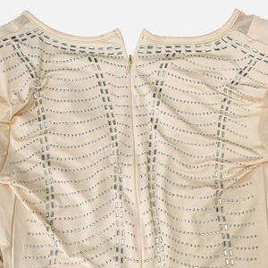 Detail of sheer mesh neckline with intricate silver rhinestones and invisible back zipper