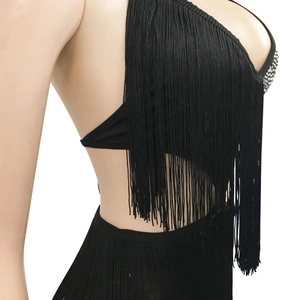 Detailed view of black fringe party dress with silver rhinestones on the V-neckline
