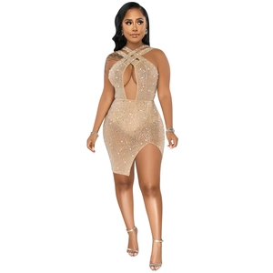 Makroansicht der Strass-Verzierungen und des hohen Schlitzes am hautfarbenen Bodycon-Kleid