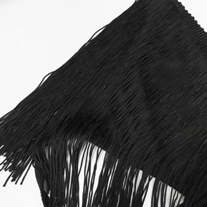 Detail shot of dense black fringe tassels for sexy club dresses and garment decoration