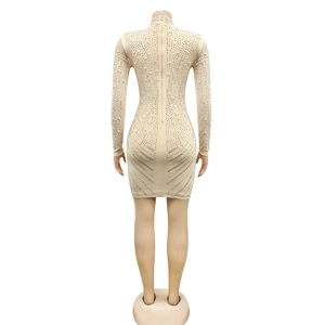 Détails de robe courte beige avec strass argentés de luxe et fermeture éclair dos