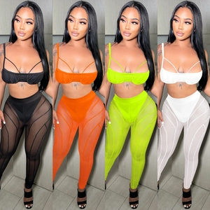 Mujer Sexy Malla Transparente Crop Top Y Pantalones Clubwear Party Suit Sin Mangas Cremallera Trasera Cintura Alta Skinny