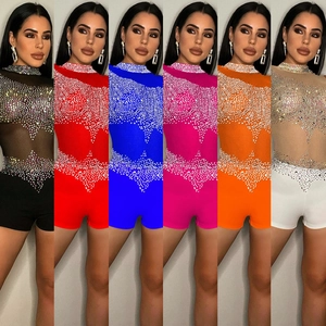 Combishort Femme Sexy Une Épaule en Maille Avec Strass Night-club Fête Moulant Manches Longues Transparent Glitter Bodysuit