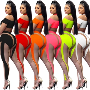 Sexy Damen Mesh Patchwork Crop Top und High Waist Hose Set in sechs verschiedenen Farben