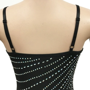 Detail of black dress with adjustable straps and horizontal rows of sparkling rhinestones