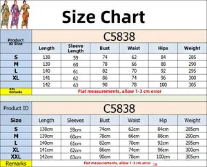 Detailed size chart for mesh printed V-neck long sleeve dress showing S-XXL dimensions