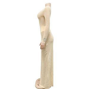 Detailed view of sheer beige floor-length gown featuring shimmering silver rhinestones