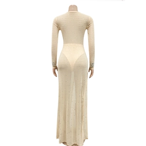 Rear view of nude mesh long sleeve maxi dress with silver rhinestones and sequins