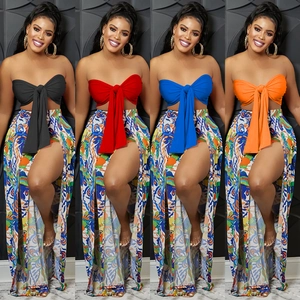 Women Fashion Bow Tube Top And Printed High Slit Wide Leg Pants Two Piece Set Vacation Elegant Summer Top And Bottom