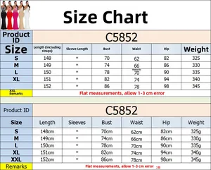 Size chart for women's sequin evening dress C5852 with bust, waist, and hip measurements