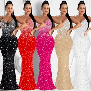 Women Sexy Backless Mermaid Maxi Dress Deep V Neck Halter Sleeveless Evening Gown With Artificial Pearls Rhinestones Bodycon Long Dress