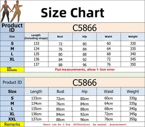 Size chart for rhinestone mesh bodysuit C5866 with measurements from S to XXL