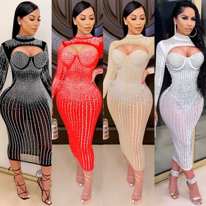 Damen Strass Durchsichtiges Netzgewebe Bodycon Midi Kleid Stehkragen Sexy Langarm Party Bankett Club Abendkleid