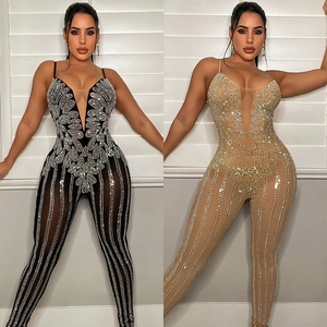 Women's Sexy Sparkly See-Through Mesh Jumpsuit Rhinestone V-Neck Spaghetti Straps Slim Fit Clubwear Party Bodysuit