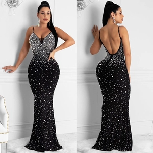 Elegant black mermaid evening dress with sparkling rhinestones and open back design