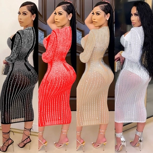 Detailansicht des transparenten Mesh-Bodycon-Kleids mit Strassfransen in vier Farben