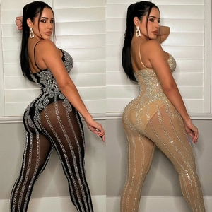 Close-up of sparkling rhinestones and mesh fabric on a sexy sheer jumpsuit