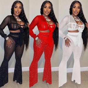 Women Sexy Sheer Mesh Two Piece Set Rhinestone Long Sleeve Tie Up Crop Top And Flare Pants Club Party Outfits