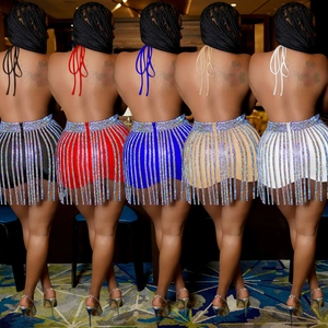 Sparkling rhinestone fringe mini skirts in five colors for party and nightclub wear