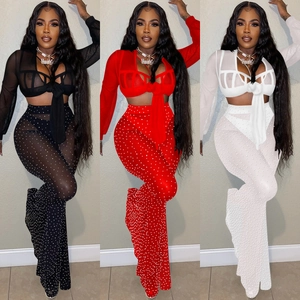 Detailed view of sheer long-sleeved mesh top and rhinestone flare pants in three colors