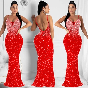 Three-way view of red evening dress with pearls, deep V-neck and open back design