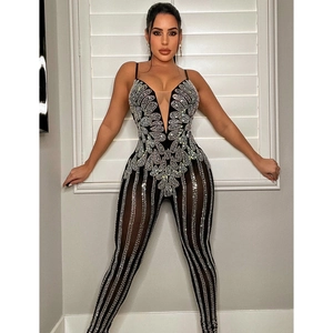 Sleeveless deep V-neck black mesh jumpsuit for women with sparkling rhinestone detailing