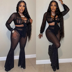 Three-piece black rhinestone mesh set with lace-up long sleeve top and flared trousers