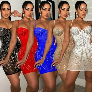 Women's Sexy Rhinestone Mesh Spaghetti Strap Mini Dress Nightclub Party Bodycon Sleeveless Slim Fit See-Through Dress