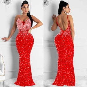 Elegant red bodycon evening dress with sparkling rhinestones and open back design