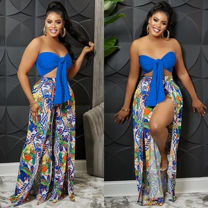 Royal blue tube top and abstract print high slit wide leg trousers fashion set