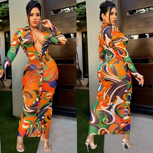 Sexy mesh patchwork long sleeve maxi dress with geometric print and V-neck for women